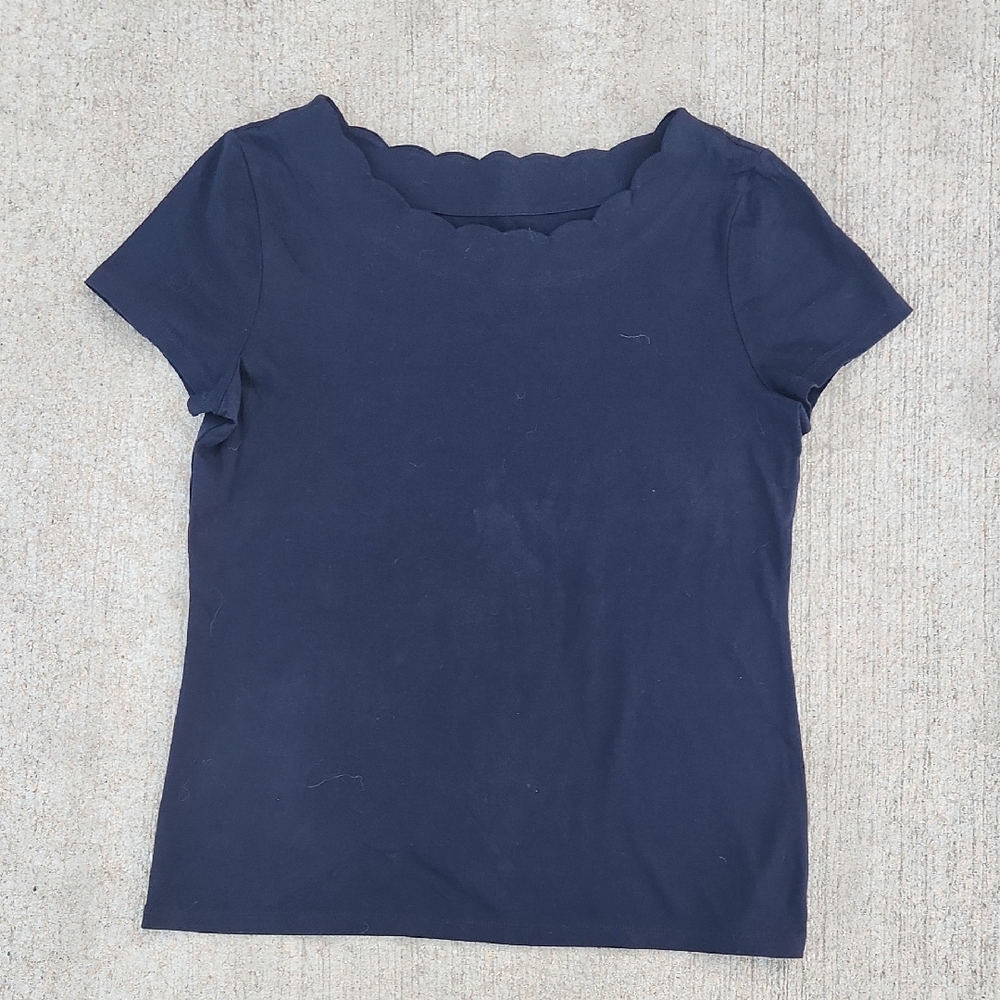 Talbots Scalloped Boat Neckline XS 100% Pima Cotton Shirt Short Sleeve Navy